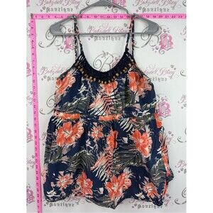 AE sport tank top Navy Floral Beaded Trim Spaghetti Strap Tank